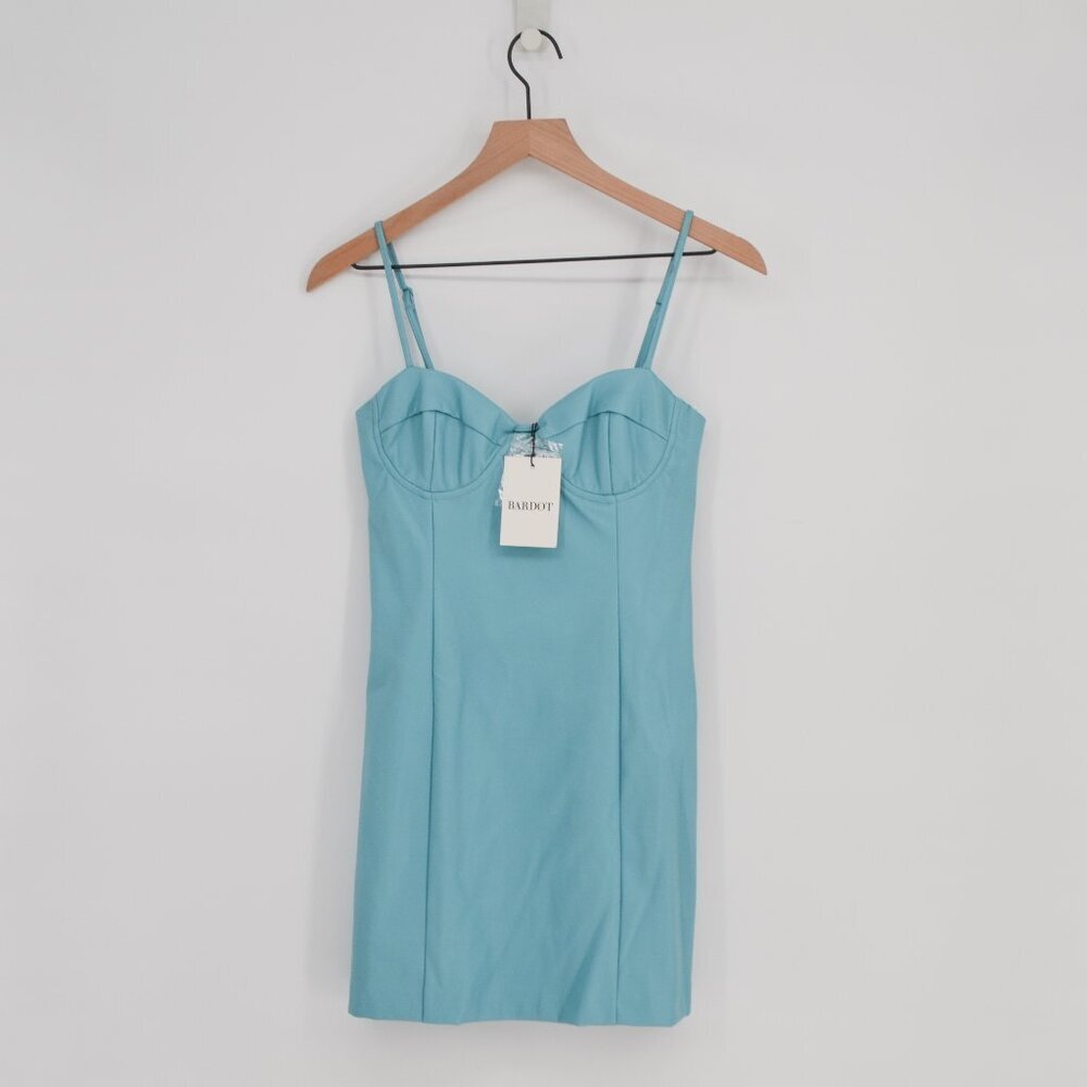 NEW Bardot Sibella Faux Leather Mini Dress Sweetheart Neck Bodycon Blue Womens 4